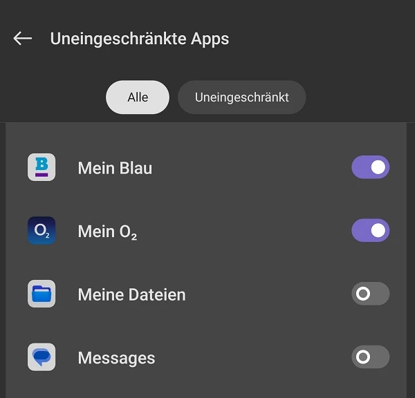 Datensparen ausschalten App Ausnahmen