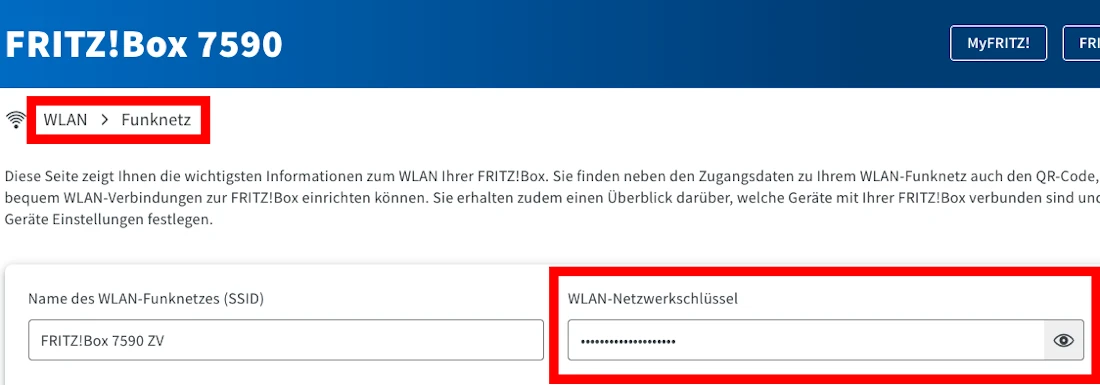 WLAN-Passwort im Bereich „Funknetz“ der FRITZ!Box-Einstellungen.