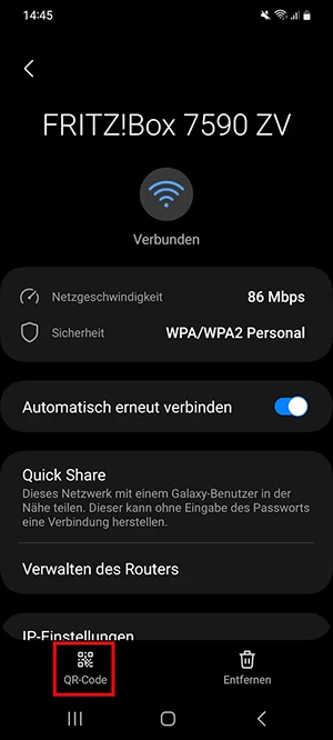  Screenshot der WLAN-Details inklusive QR-Code-Funktion unten links
