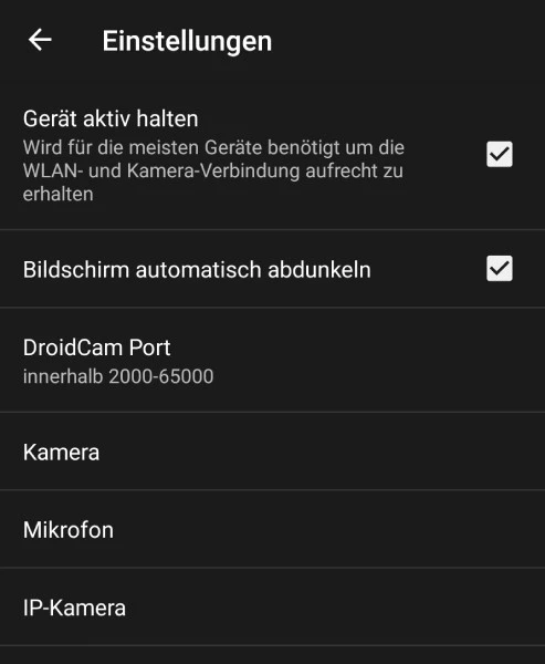 Handy als Webcam Droidcam Einstellungen