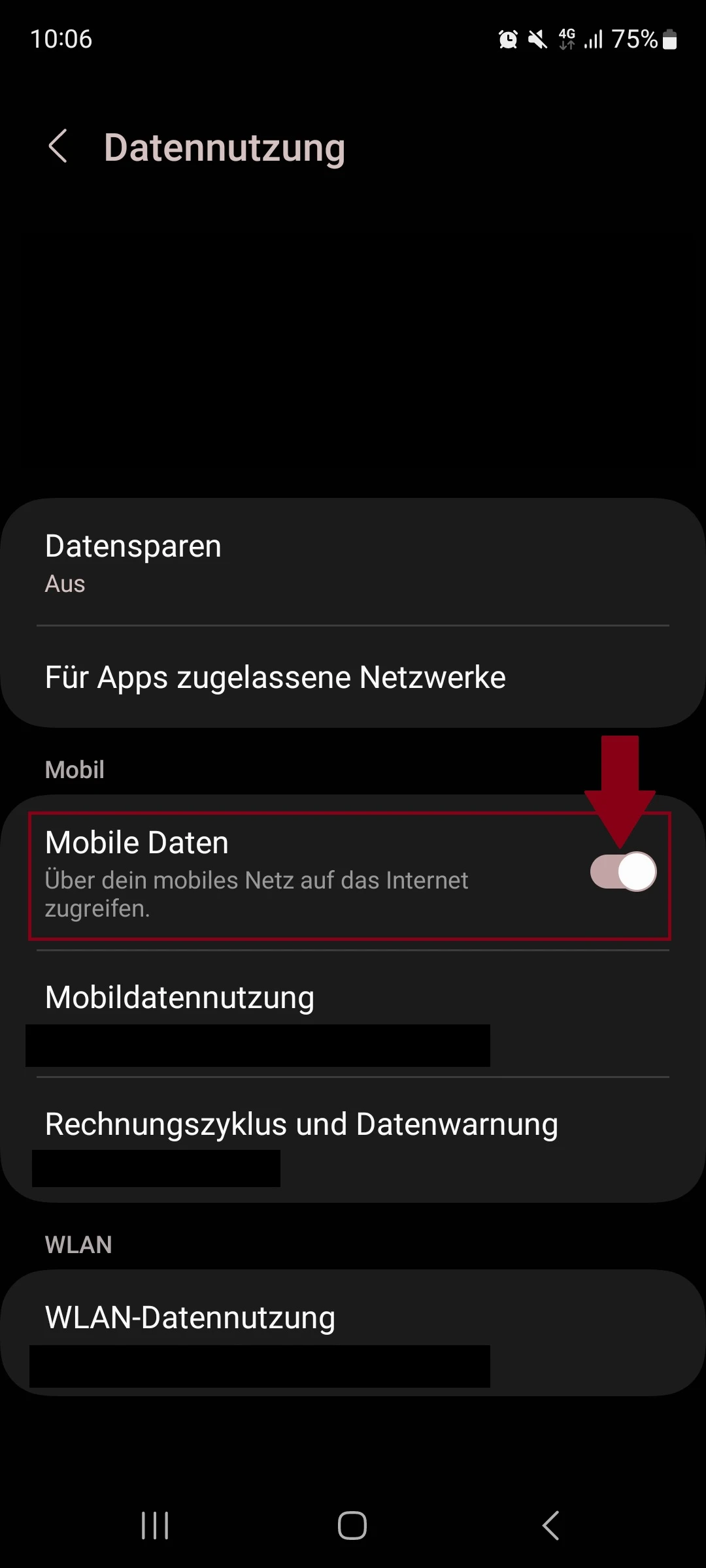 Screenshot in Android im Menü „Datennutzung“.