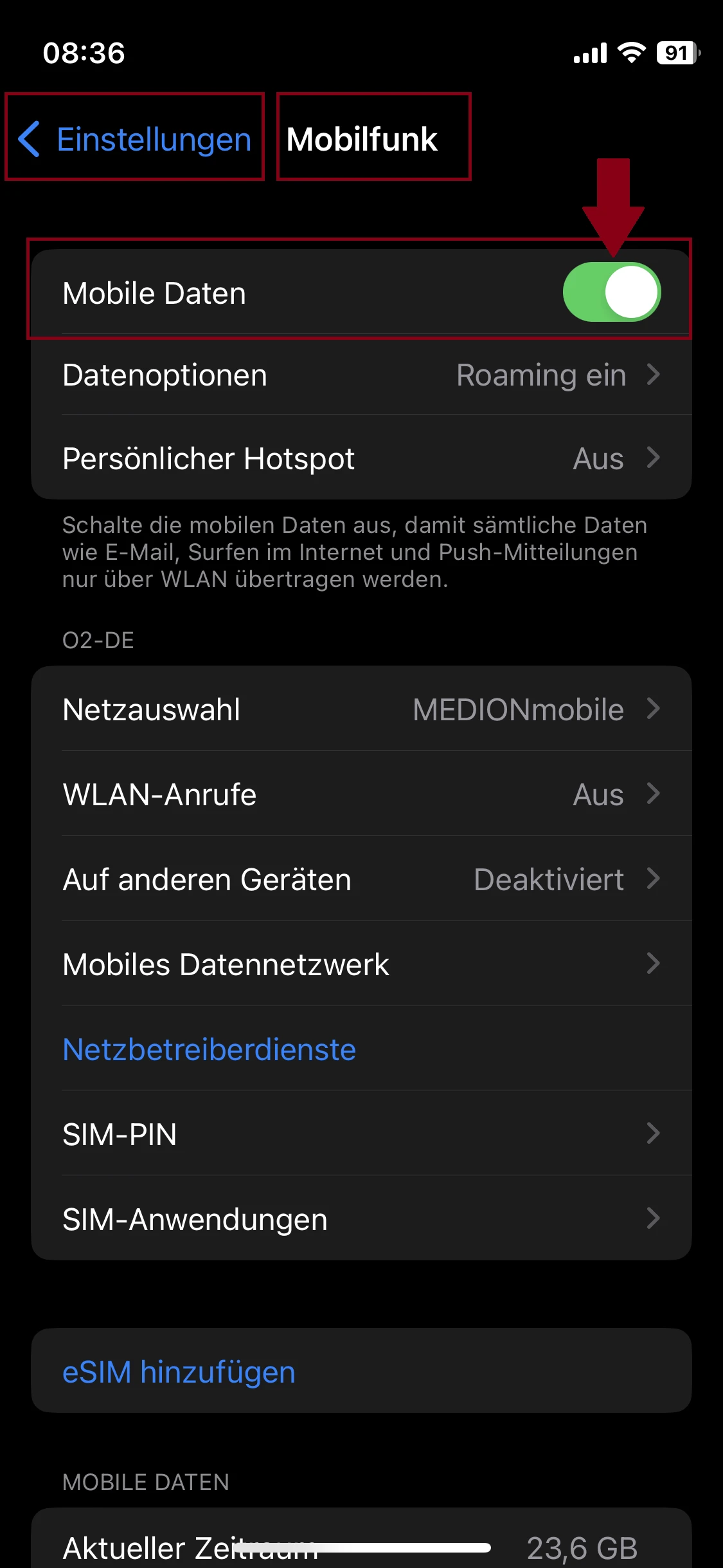 Screenshot in iOS im Menü „Mobilfunk“.