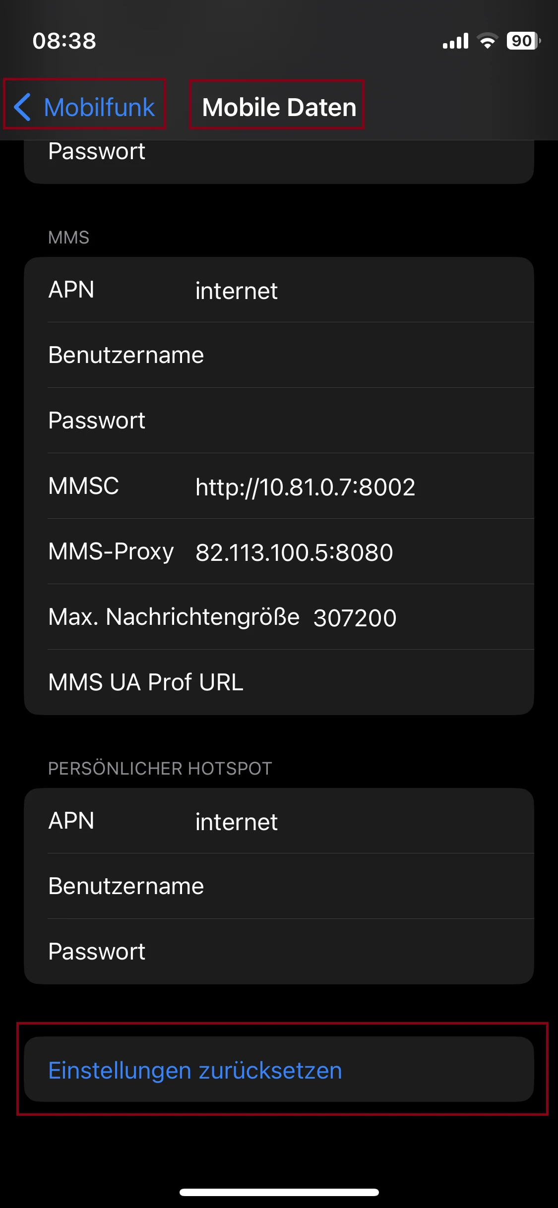 Screenshot von iPhone im Menü „Mobile Daten“ zum Zurücksetzen der APN-Einstellungen.