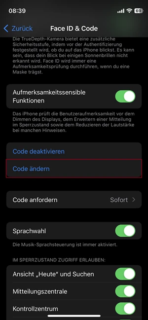 Screenshot iPhone Einstellungen „Face ID & Code“