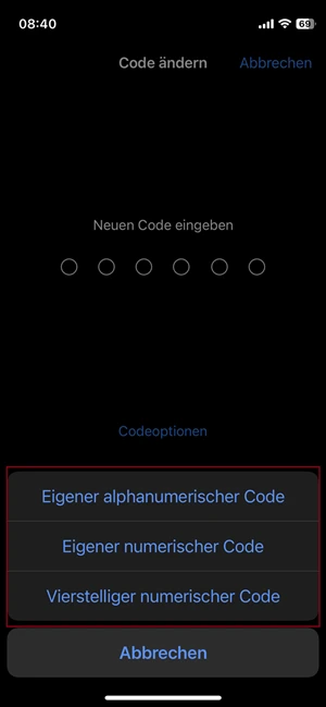 Screenshot iPhone Einstellungen „Codeoptionen“