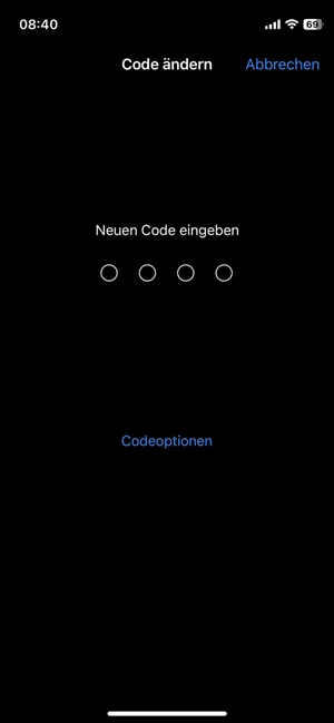 Screenshot iPhone Einstellungen „Neuen Code eingeben“