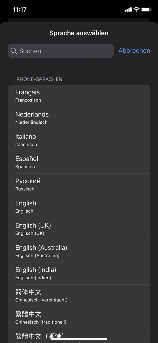 Liste mit Sprachen, die auf dem iPhone eingestellt werden können