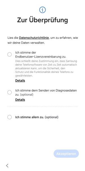 Neues Samsung-Handy einrichten: Endbenutzer-Lizenzvereinbarung