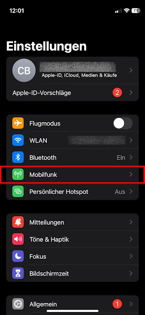 Screenshot Datenvolumen abfragen bei iOS - Einstellungen