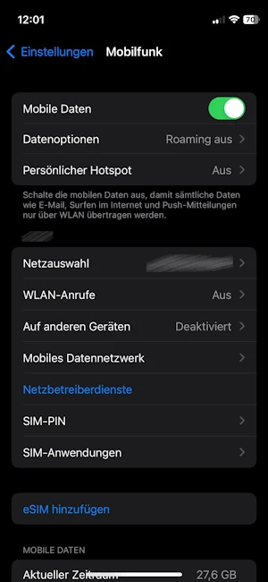 Screenshot Datenvolumen abfragen bei iOS - Mobilfunk