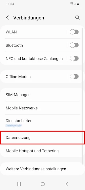 Screenshot Datenvolumen abfragen bei Android - Verbindungen