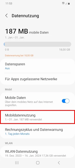 Screenshot Datenvolumen abfragen bei Android - Datennutzung