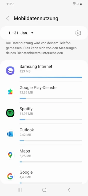 Screenshot Datenvolumen abfragen bei Android - Mobildatennutzung