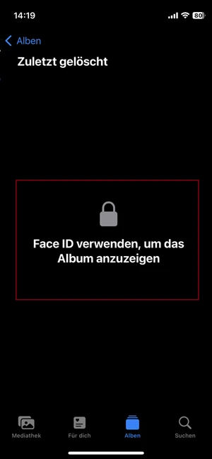 Markierung der Aufforderung, Face-ID zum Anzeigen des Albums „Zuletzt gelöscht“ zu verwenden.