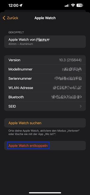 Screenshot Apple Watch Einstellungen