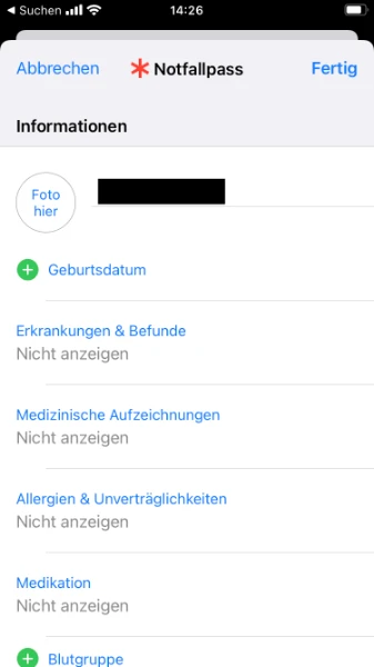 iPhone-Notfallpass Benutzeroberfläche obere Hälfte