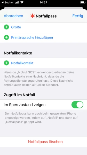 iPhone-Notfallpass Benutzeroberfläche untere Hälfte