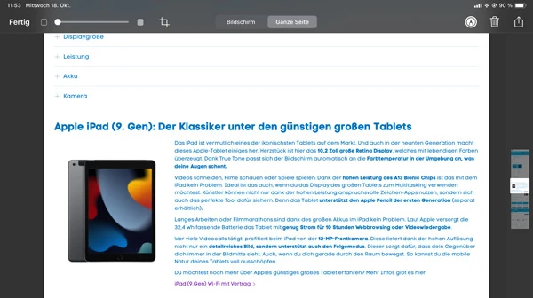 iPad-Screenshot: ganze Seite aufnehmen