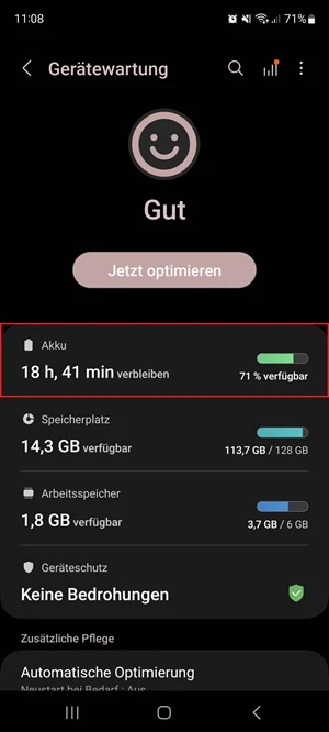 Screenshot von Gerätewartung mit Markierung von „Akku“.