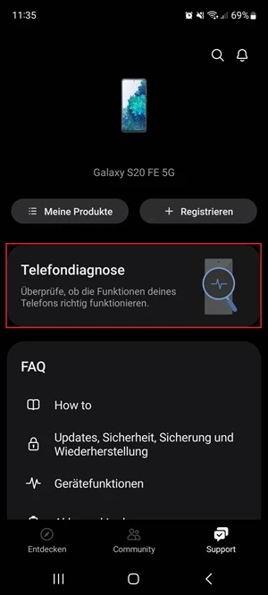 Screenshot von Samsung Members App mit Markierung von „Telefondiagnose“.