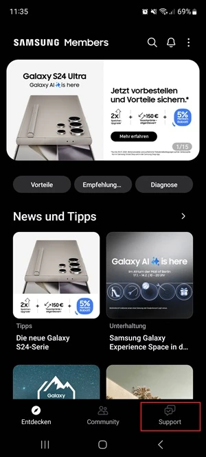 Screenshot von Samsung Members App.