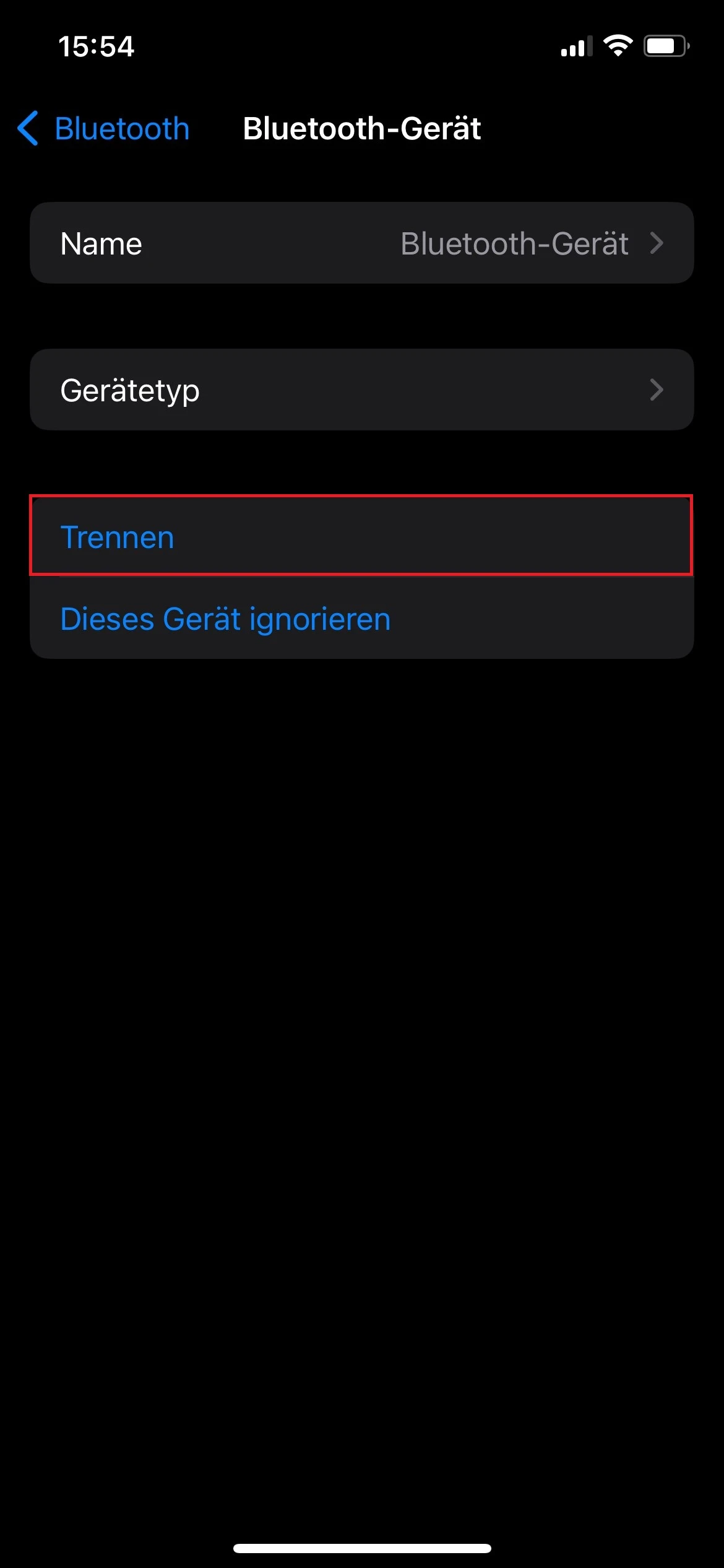 Screenshot von den Bluetooth-Einstellungen eines Geräts mit Markierung von „Trennen“.