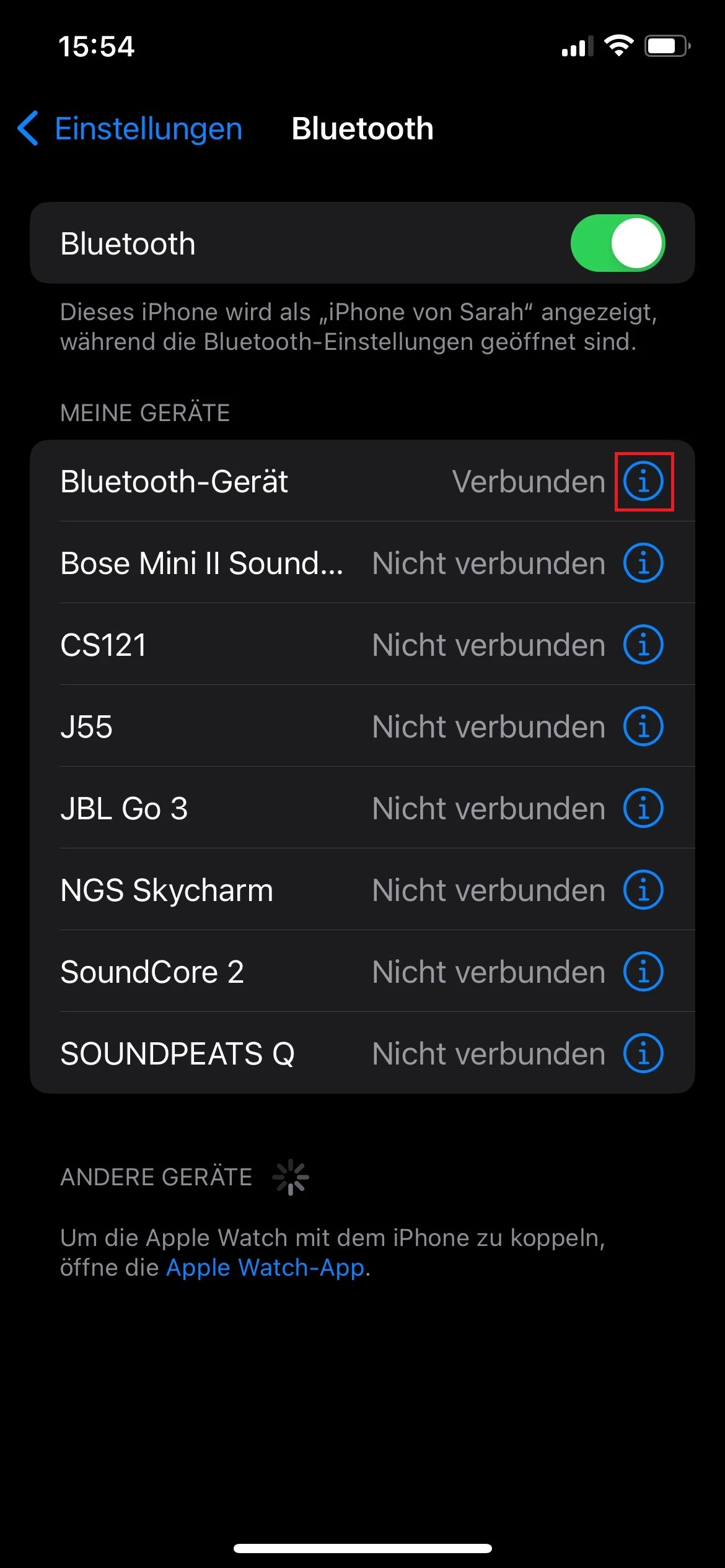 Screenshot von den Bluetooth-Einstellungen mit Markierung von „Weitere Infos“.