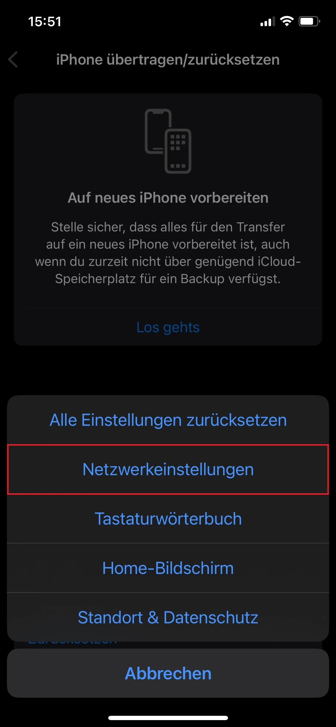 Screenshot von „iPhone übertragen/zurücksetzen“ mit Markierung von „Netzwerkeinstellungen“