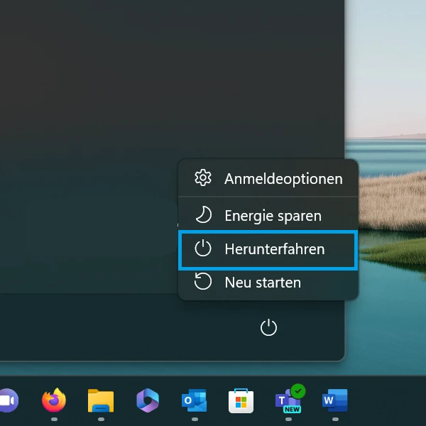 „Herunterfahren“-Option mit blauem Rahmen