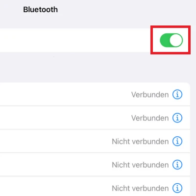 Screenshot von den Bluetooth-Einstellungen mit Markierung des Power-Buttons