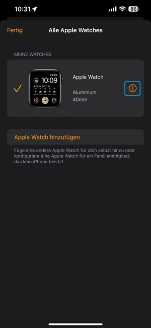 Screenshot von der App „Watch“ im Menüpunkt „Alle Apple Watches“.