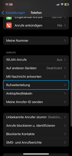 Screenshot von Telefon-Einstellungen im iPhone mit blauer Markierung bei „Rufweiterleitung“