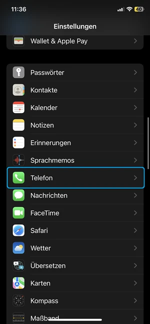 Screenshot von Einstellungen im iPhone mit blauer Markierung bei „Telefon