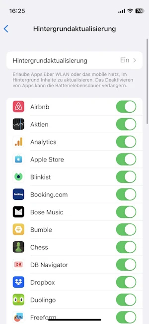 Einstellungen zu Hintergrundaktualisierungen beim iPhone