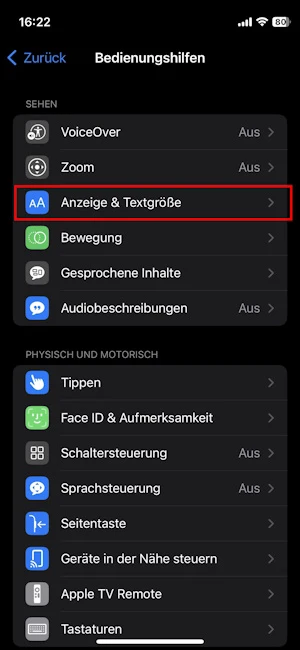 Einstellungen für Bedienungshilfen beim iPhone