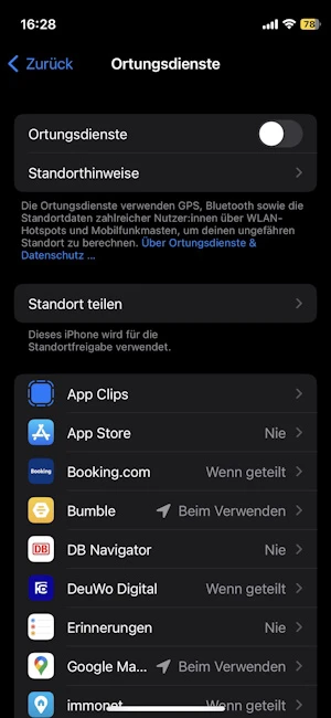 Einstellungen zu Ortungsdiensten beim iPhone