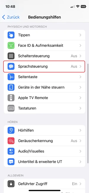 Screenshot von iPhone-Einstellungen in „Bedienungshilfen“ mit roter Markierung bei „Sprachsteuerung“.