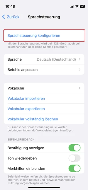 Screenshot von iPhone-Einstellungen in „Sprachsteuerung“ mit roter Markierung bei „Sprachsteuerung konfigurieren“.