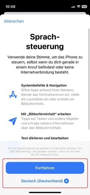 Screenshot von iPhone-Einstellungen für die Konfiguration der Sprachsteuerung.