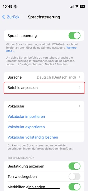 Screenshot von iPhone-Einstellungen in „Sprachsteuerung“ mit roter Markierung bei „Befehle anpassen“.