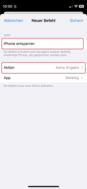 Screenshot von iPhone-Einstellungen in „Neuer Befehl“.