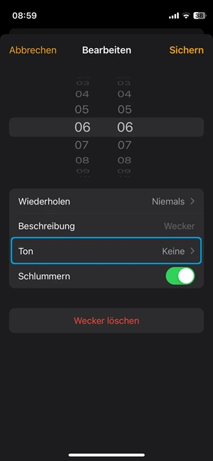 Screenshot von Wecker-Einstellungen im iPhone mit blauer Markierung der Auswahl „Ton“