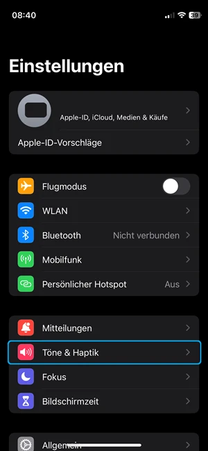 Screenshot von iPhone-Einstellungen mit blauer Markierung bei „Töne & Haptik“