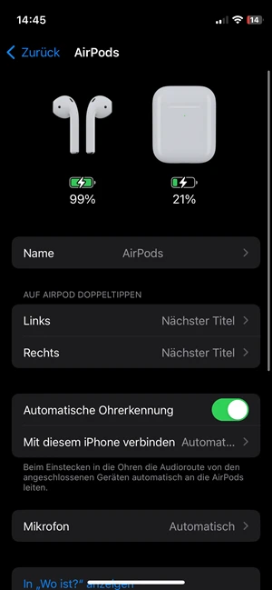 Screenshot von Einstellungen für das verbundene Gerät in „Bluetooth“