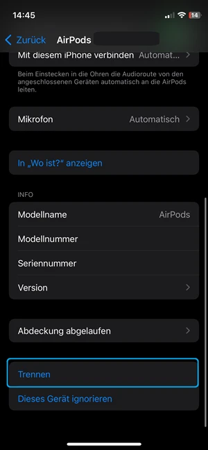 Screenshot von Einstellungen von Bluetooth-Kopfhörern mit blauer Markierung bei „Trennen“