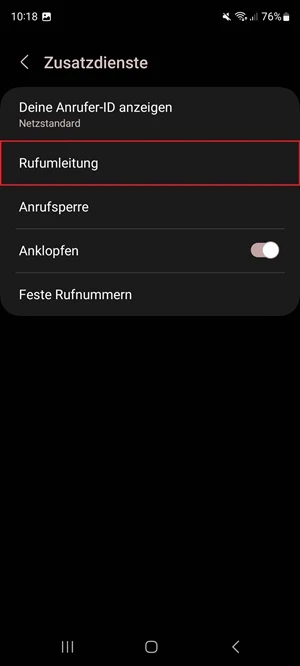 Screenshot von Zusatzdienste mit Markierung von „Rufumleitung“.