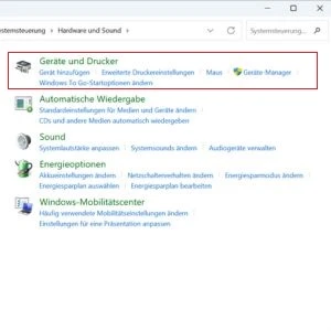 Markierte „Geräte und Drucker“-Einstellungen