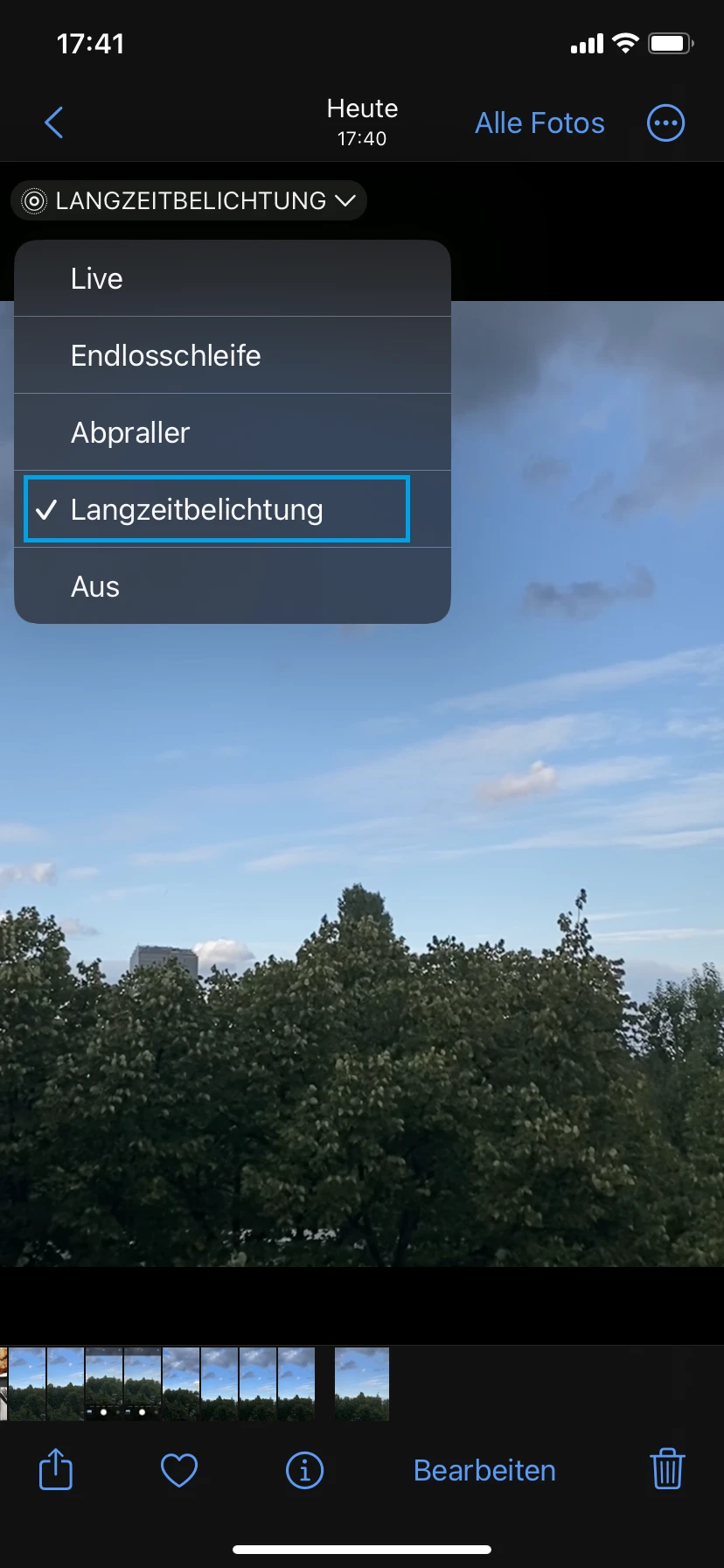 Markierte und aktivierte Langzeitbelichtung-Funktion in der geöffneten Foto-App