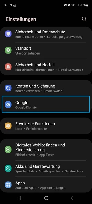 Screenshot von Samsung-Einstellungen mit blauer Markierung bei „Google“