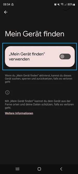 Einstellungen im Menü „Mein Gerät finden“ auf dem Samsung mit blauer Markierung des Schiebereglers